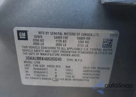 2013 GMC Terrain Sle-1 z USA, uszkodzony, nr VIN 2GKALMEK4D6260240